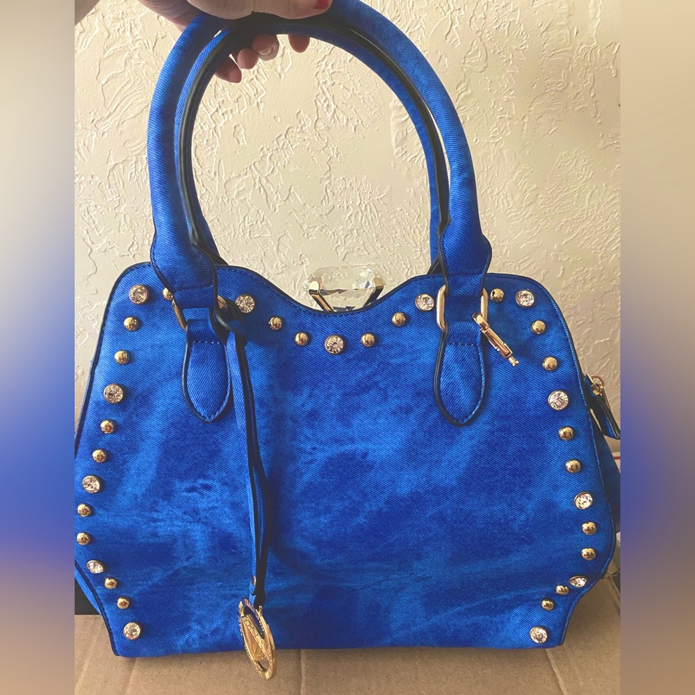 Traci Lynn Elegant Blue Studded Shoulder Bag